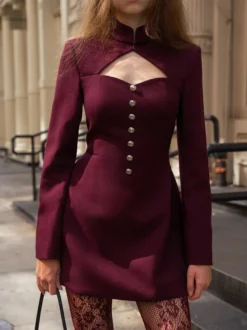 Robe courte à manches longues et découpes pour femme - Robe à col montant et boutons - Idéale pour une soirée romantique printanière 2026