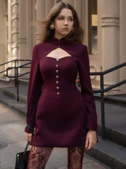 Robe courte à manches longues et découpes pour femme - Robe à col montant et boutons - Idéale pour une soirée romantique printanière 2026