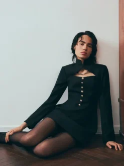 Robe courte à manches longues et découpes pour femme - Robe à col montant et boutons - Idéale pour une soirée romantique printanière 2026