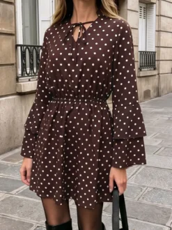 Robe courte marron et blanche à pois col V manches cloche taille élastique à nouer Daily Dresses