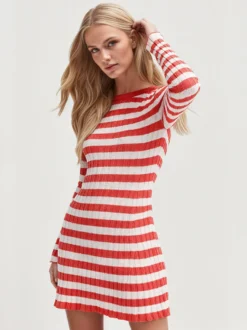 Robe courte moulante à rayures côtelées col rond et manches longues Daily Dresses