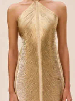 Robe courte métallisée dos nu sans manches à bretelles moulante et brillante idéale pour les soirées en boîte.