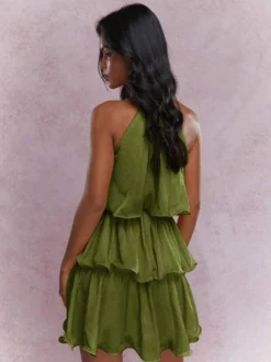 Robe courte orange rouge à volants sans manches et taille haute idéale pour tous les jours