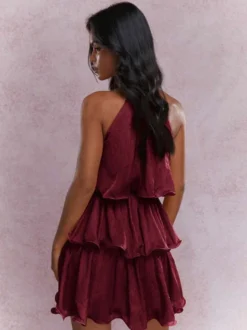 Robe courte orange rouge à volants sans manches et taille haute idéale pour tous les jours