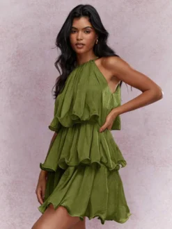 Robe courte orange rouge à volants sans manches et taille haute idéale pour tous les jours