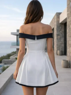 Robe courte à épaules dénudées et manches longues coupe trapèze tenue de soirée sexy pour femme 2026