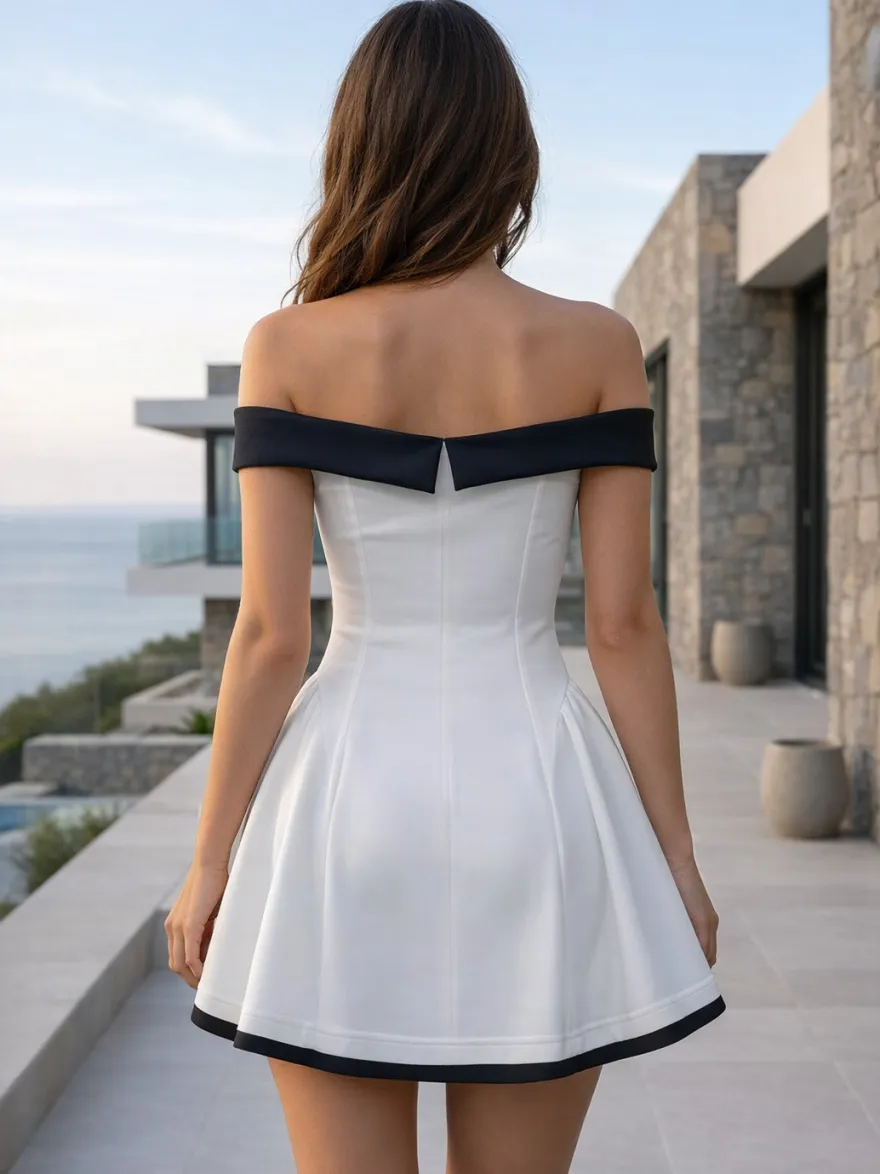 Robe courte à épaules dénudées et manches longues coupe trapèze tenue de soirée sexy pour femme 2026