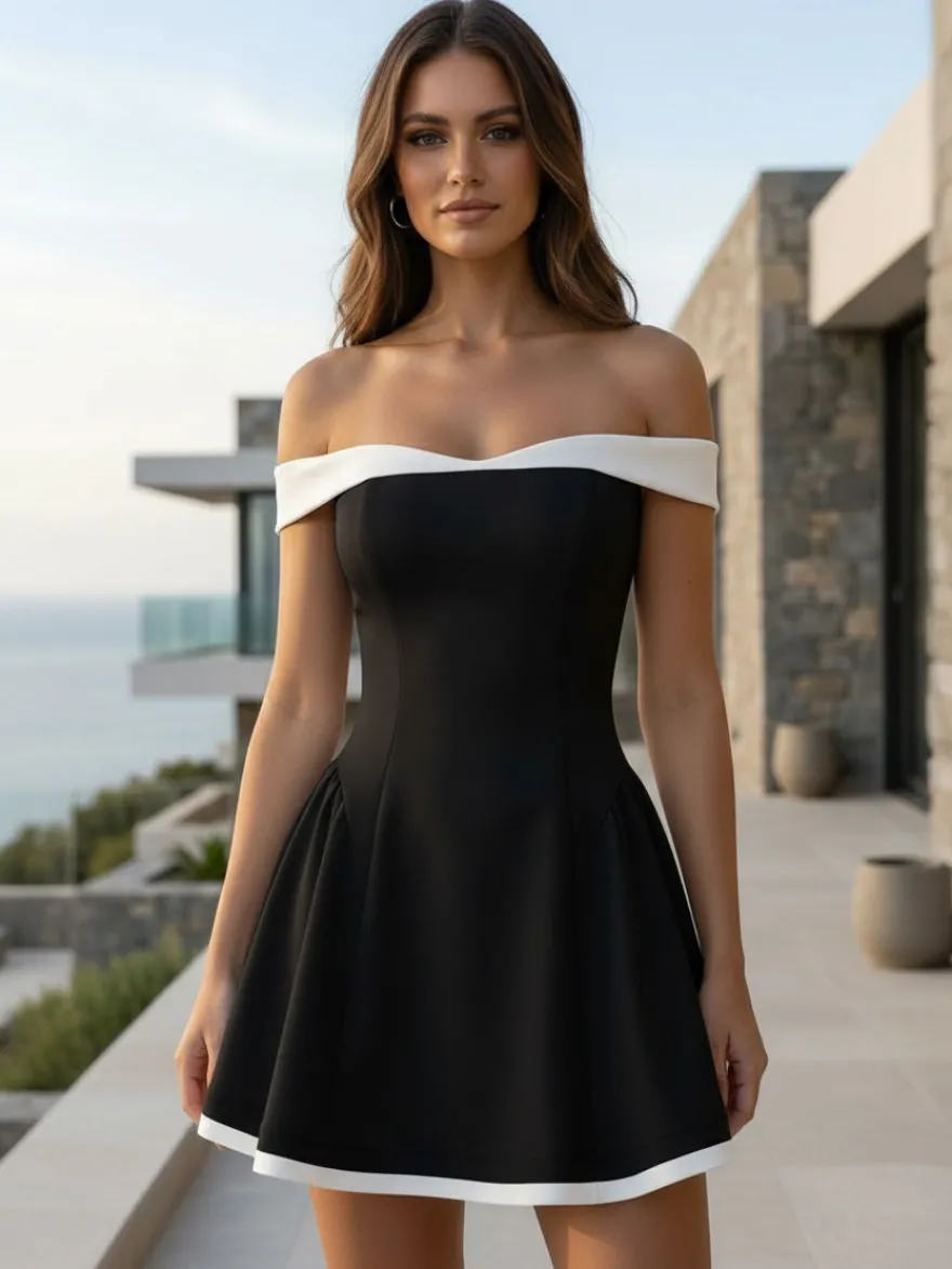 Robe courte à épaules dénudées et manches longues coupe trapèze tenue de soirée sexy pour femme 2026