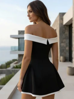 Robe courte à épaules dénudées et manches longues coupe trapèze tenue de soirée sexy pour femme 2026