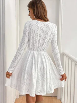 Robe courte pour femme manches longues col en V taille haute dentelle blanche décontractée
