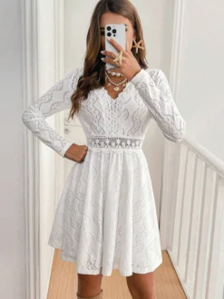 Robe courte pour femme manches longues col en V taille haute dentelle blanche décontractée