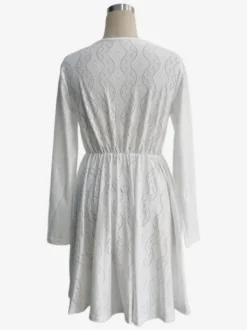 Robe courte pour femme manches longues col en V taille haute dentelle blanche décontractée