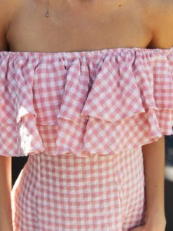 Robe courte vichy à épaules dénudées pour femme - Robe patineuse à volants rose style cottagecore - Idéale pour un pique-nique d'été 2026