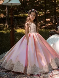 Robe cérémonie fille robe cortège enfant rose en satin col rond boutonné sur dos au sol