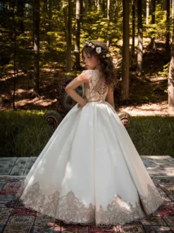 Robe cérémonie fille robe cortège enfant rose en satin col rond boutonné sur dos au sol