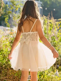Robe cérémonie fille robe cortège enfant bohème blanche à bretelles en dentelle au genou