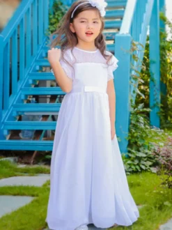 Robe cérémonie fille robe cortège enfant col rond sans manche zip sur dos au sol