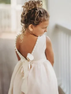 Robe cérémonie fille robe cortège enfant ivoire dos en V décoré des perles avec ceinture longueur cheville