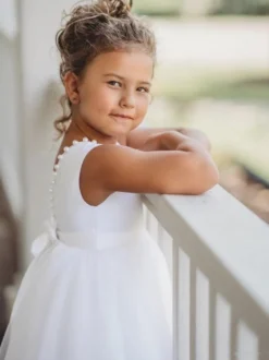 Robe cérémonie fille robe cortège enfant ivoire dos en V décoré des perles avec ceinture longueur cheville
