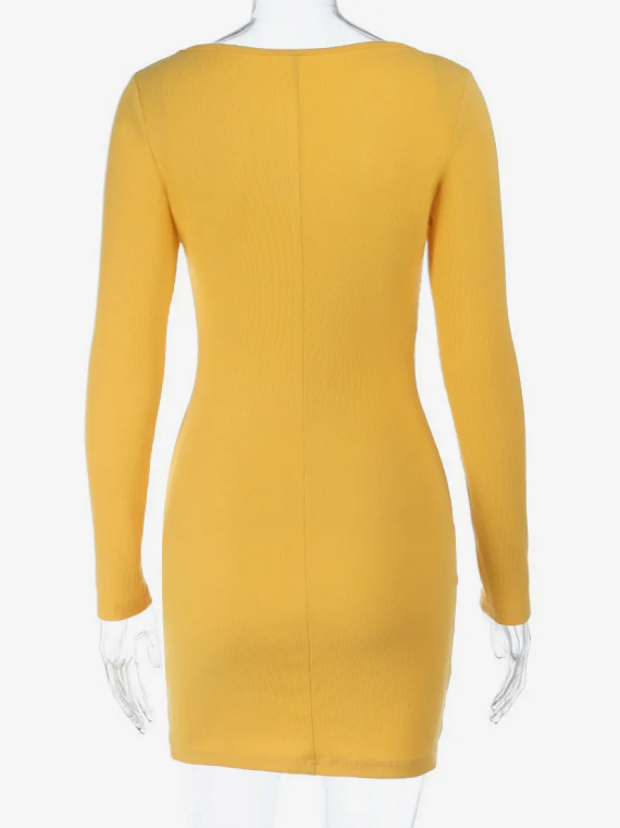 Robe côtelée à strass et fleurs pour femme - Robe moulante mini jaune à manches longues et col carré - Collection printemps-été 2026