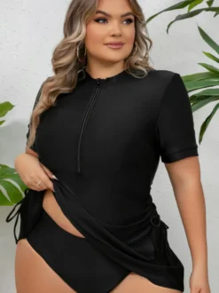 Robe de bain noire grande taille à jupe zippée sur le devant