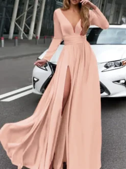 Robe de bal 2026 A-line col en v en soie élastique comme satin Robes de soirée plissées sur le devant à manches longues