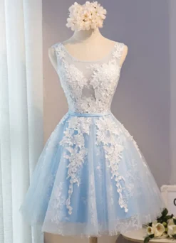 Robe de bal courte broderie en tulle bleu Robe de cérémonie