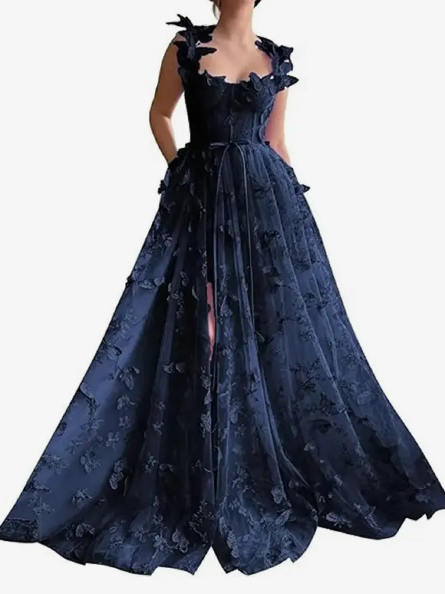 Robe de bal en dentelle florale décolleté en cœur coupe trapèze sans manches style papillon