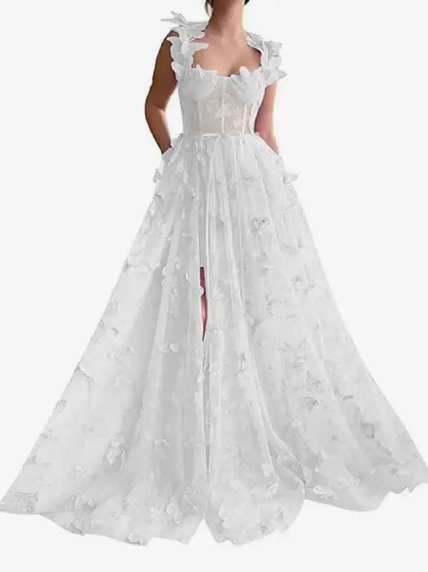 Robe de bal en dentelle florale décolleté en cœur coupe trapèze sans manches style papillon