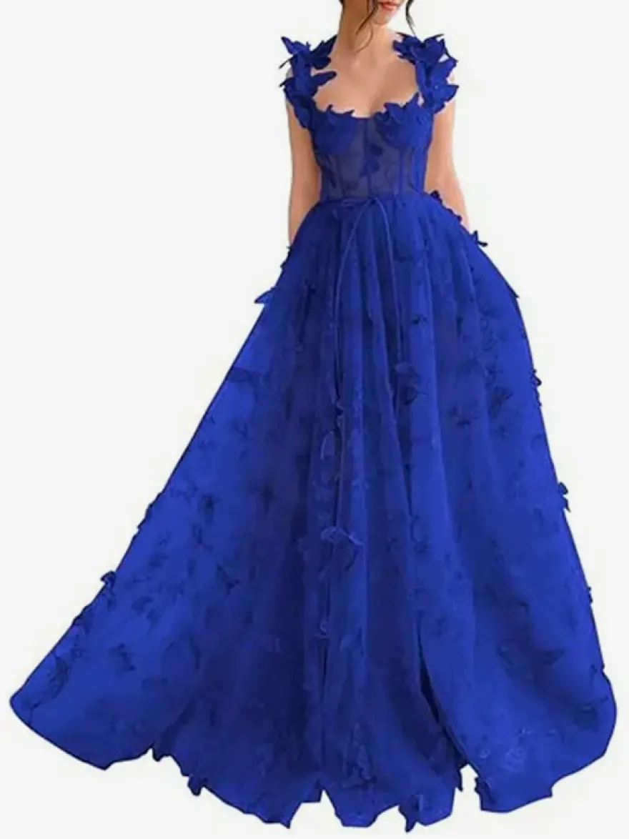 Robe de bal en dentelle florale décolleté en cœur coupe trapèze sans manches style papillon