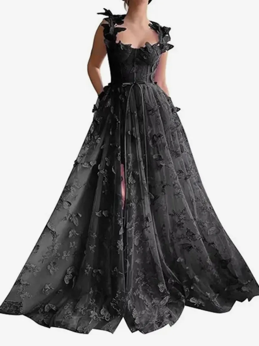 Robe de bal en dentelle florale décolleté en cœur coupe trapèze sans manches style papillon
