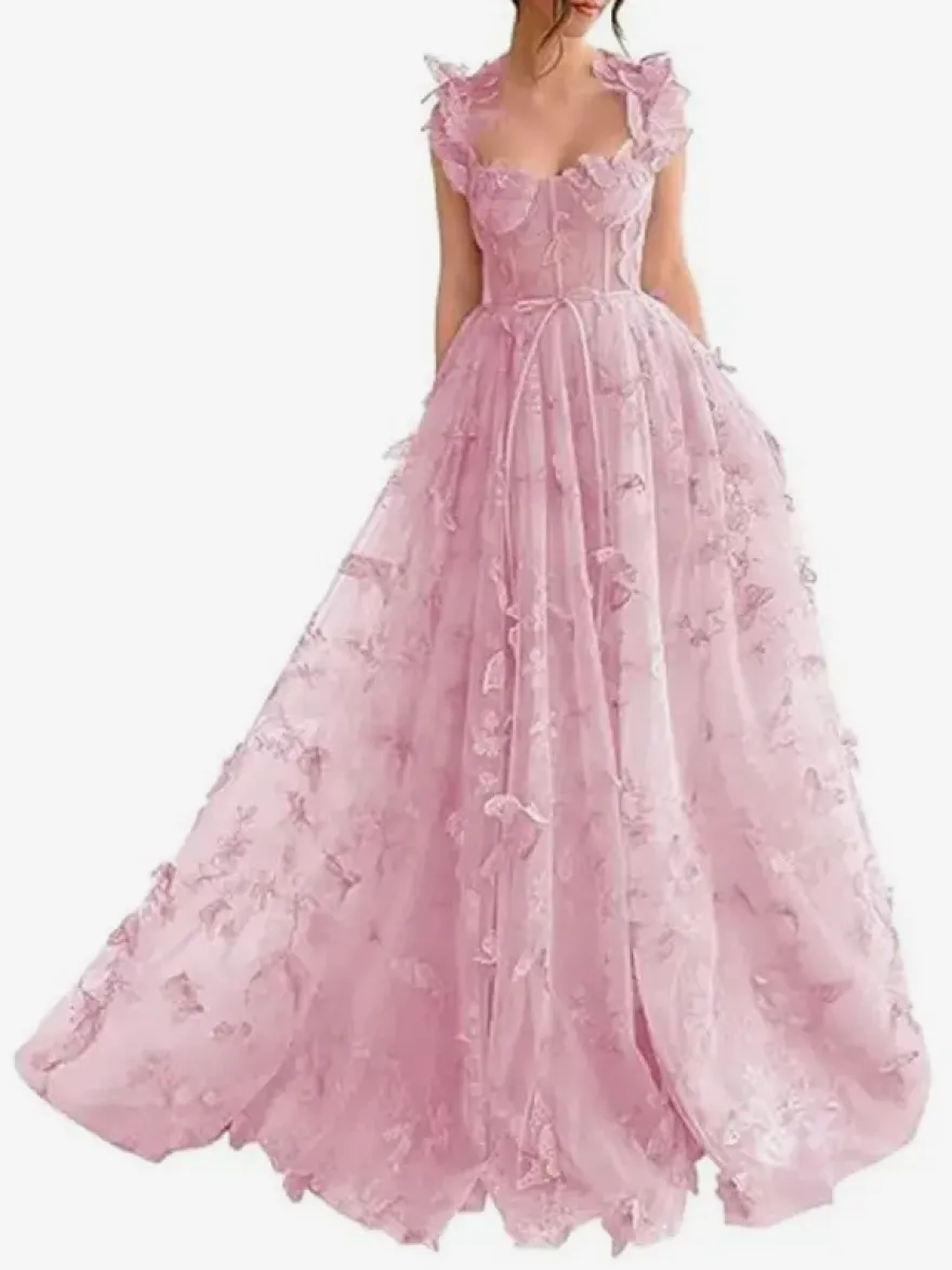Robe de bal en dentelle florale décolleté en cœur coupe trapèze sans manches style papillon