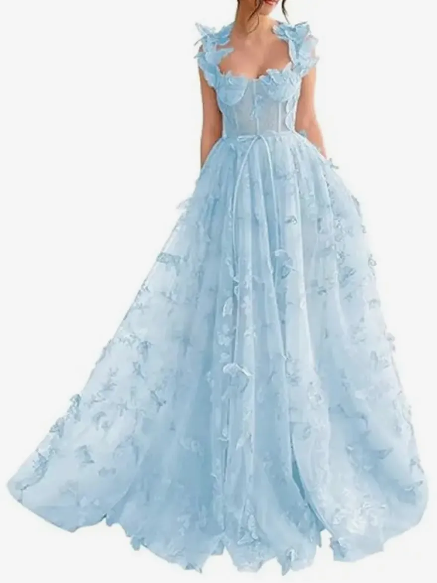 Robe de bal en dentelle florale décolleté en cœur coupe trapèze sans manches style papillon