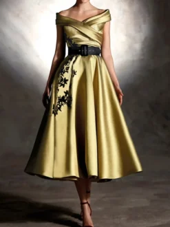 Robe de bal en satin décolleté travaillé manches courtes ornée d'appliqués