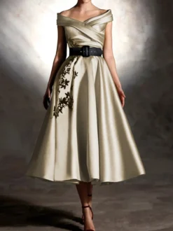 Robe de bal en satin décolleté travaillé manches courtes ornée d'appliqués