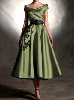 Robe de bal en satin décolleté travaillé manches courtes ornée d'appliqués
