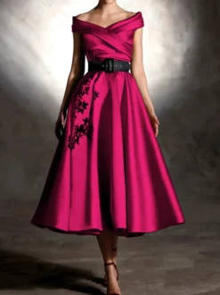 Robe de bal en satin décolleté travaillé manches courtes ornée d'appliqués