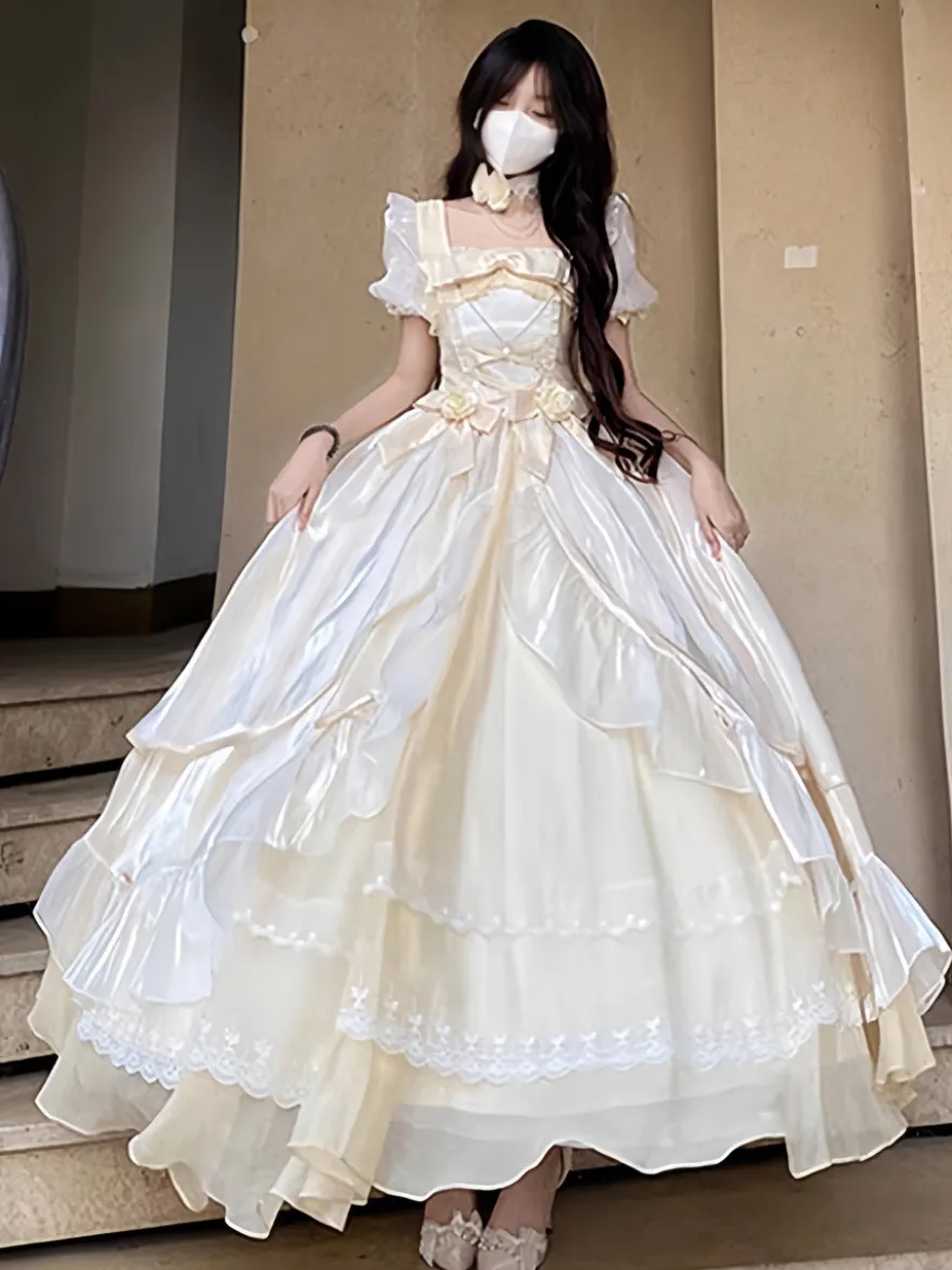 Robe de bal Fairy Lolita bleu ciel clair à lacets et nœuds manches courtes