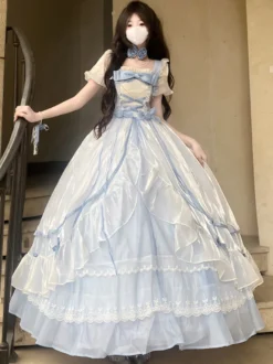 Robe de bal Fairy Lolita bleu ciel clair à lacets et nœuds manches courtes