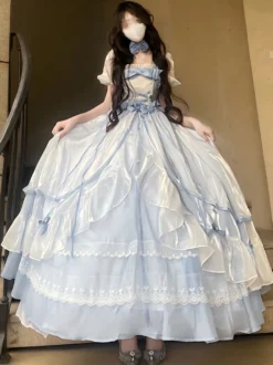 Robe de bal Fairy Lolita bleu ciel clair à lacets et nœuds manches courtes