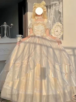 Robe de bal Fairy Lolita bleu ciel clair à lacets et nœuds manches courtes
