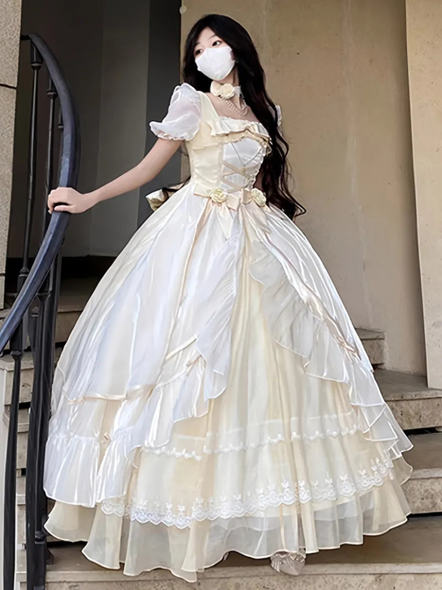 Robe de bal Fairy Lolita bleu ciel clair à lacets et nœuds manches courtes
