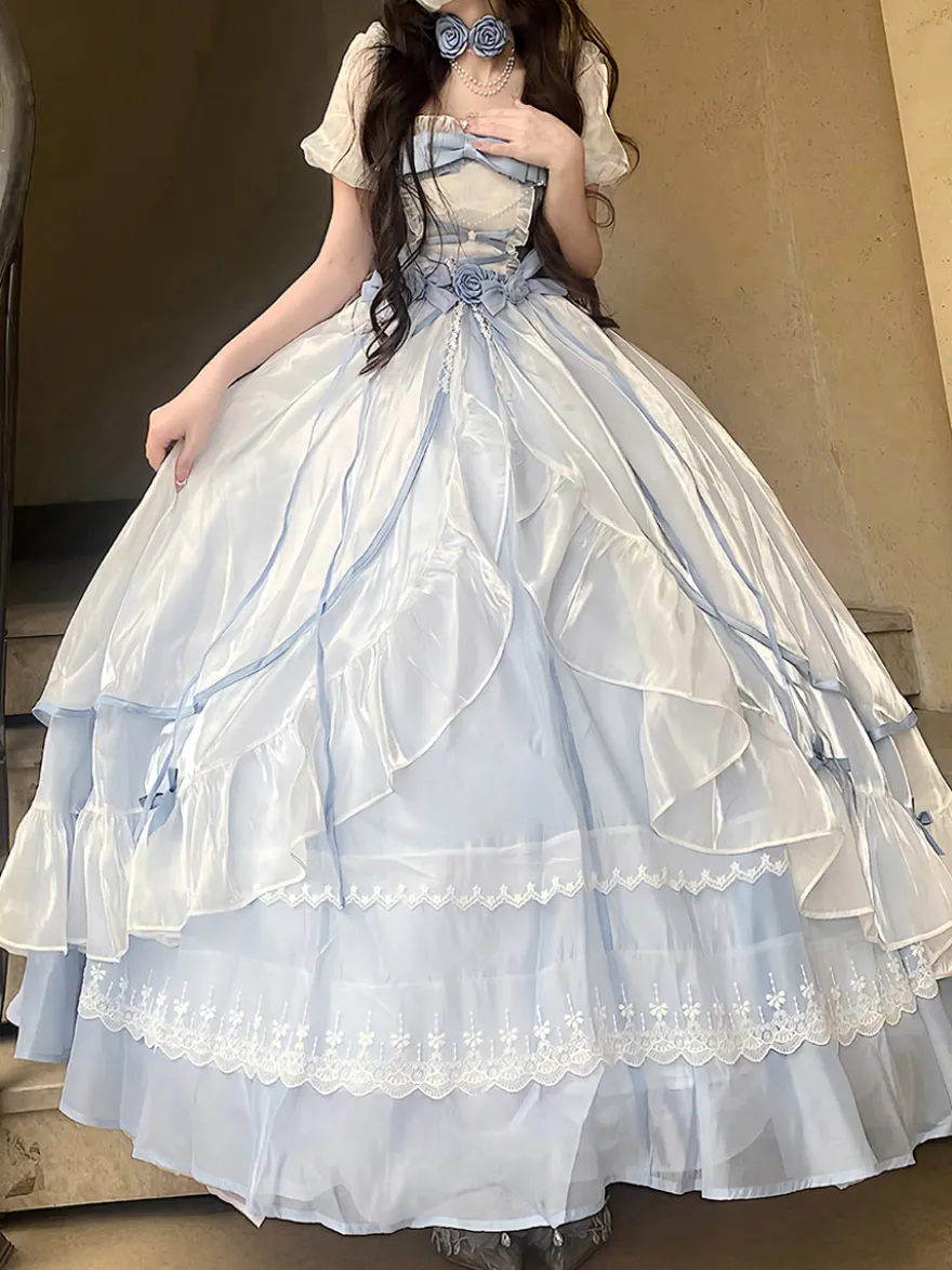 Robe de bal Fairy Lolita bleu ciel clair à lacets et nœuds manches courtes
