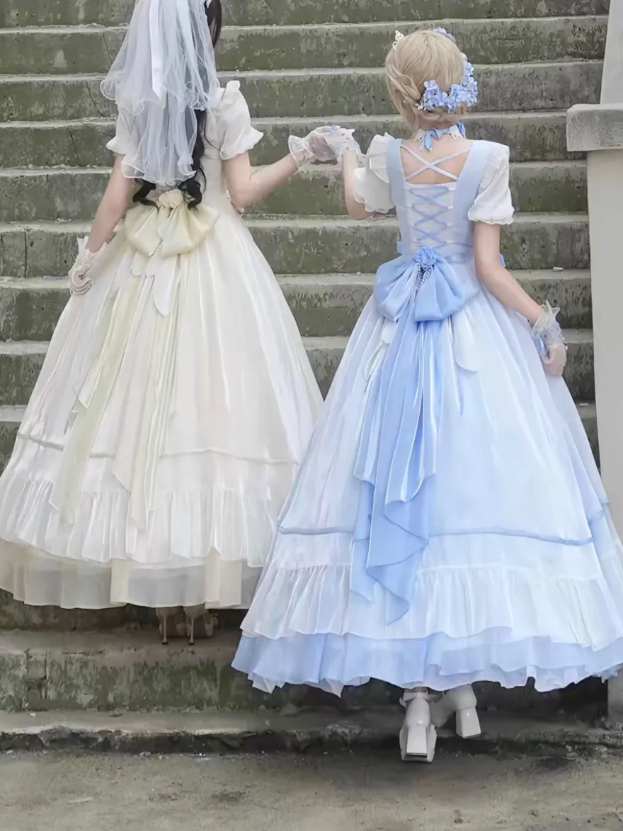 Robe de bal Fairy Lolita bleu ciel clair à lacets et nœuds manches courtes