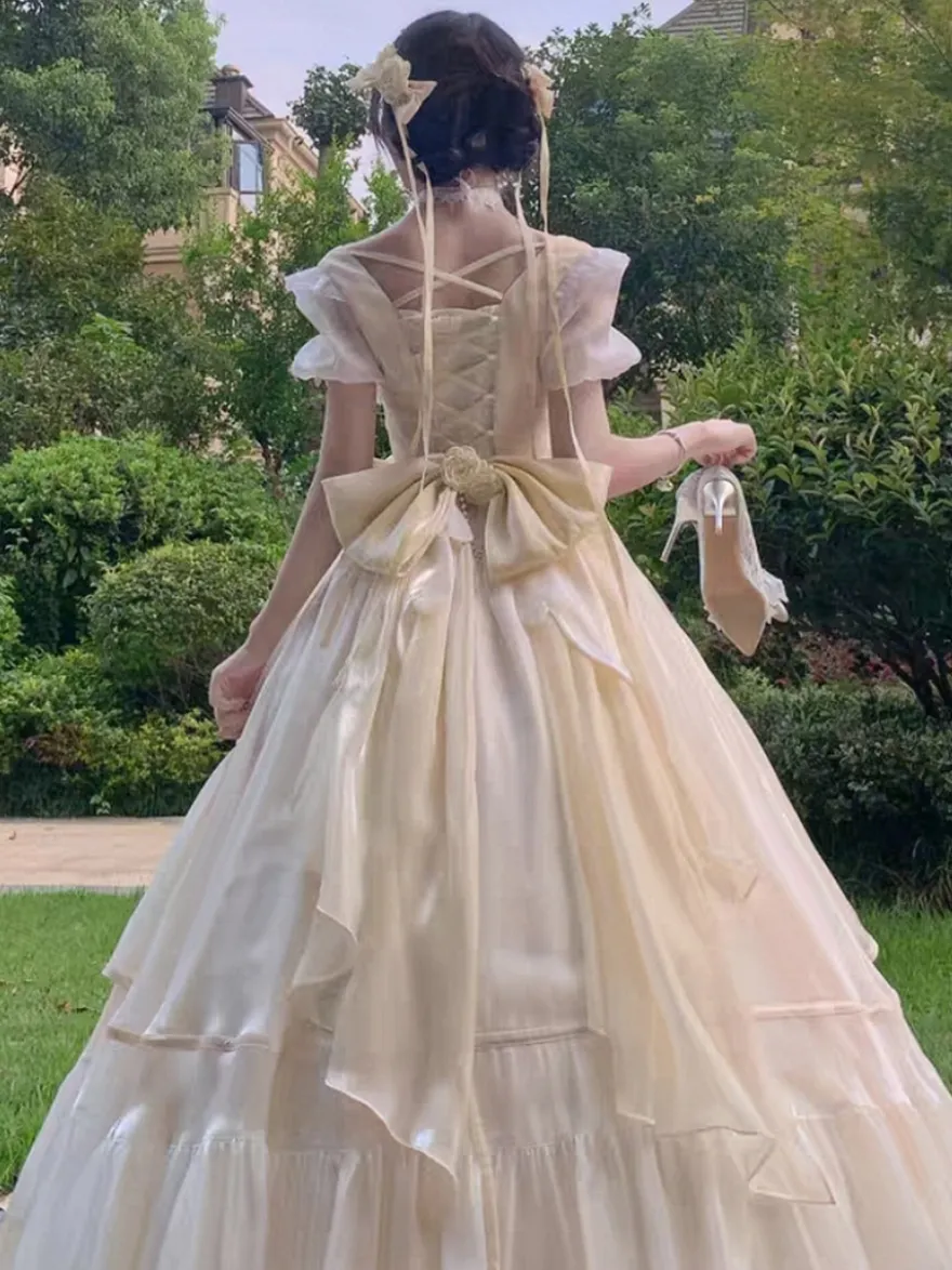 Robe de bal Fairy Lolita bleu ciel clair à lacets et nœuds manches courtes