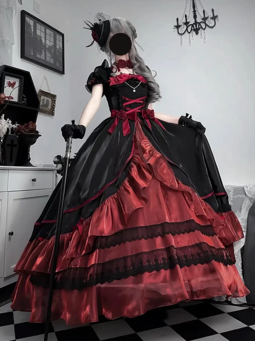 Robe de bal Fairy Lolita bleu ciel clair à lacets et nœuds manches courtes
