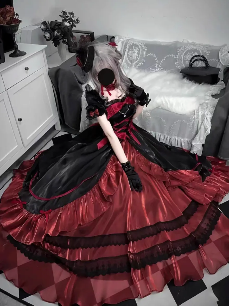 Robe de bal Fairy Lolita bleu ciel clair à lacets et nœuds manches courtes