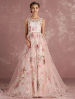 Robe de bal imprimerie floral laçage sur dos à traîne robe cocktail mariage