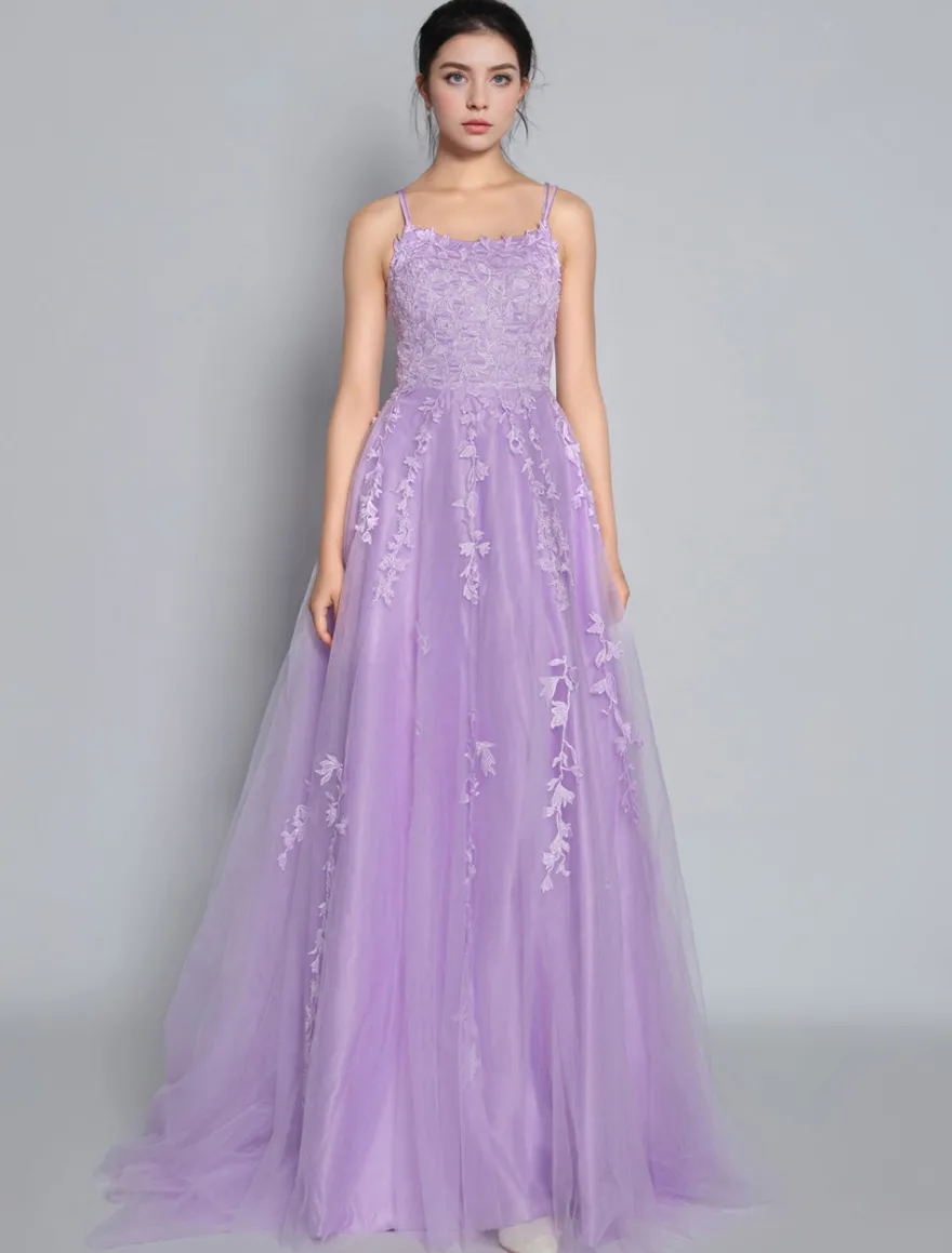 Robe de bal lavande col V à lacets dos nu criss-cross robes de soirée en dentelle