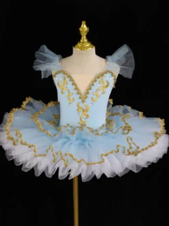 Robe de ballerine bleu ciel clair pour fille ornée d'appliqués de dentelle en polyester idéale pour les spectacles.